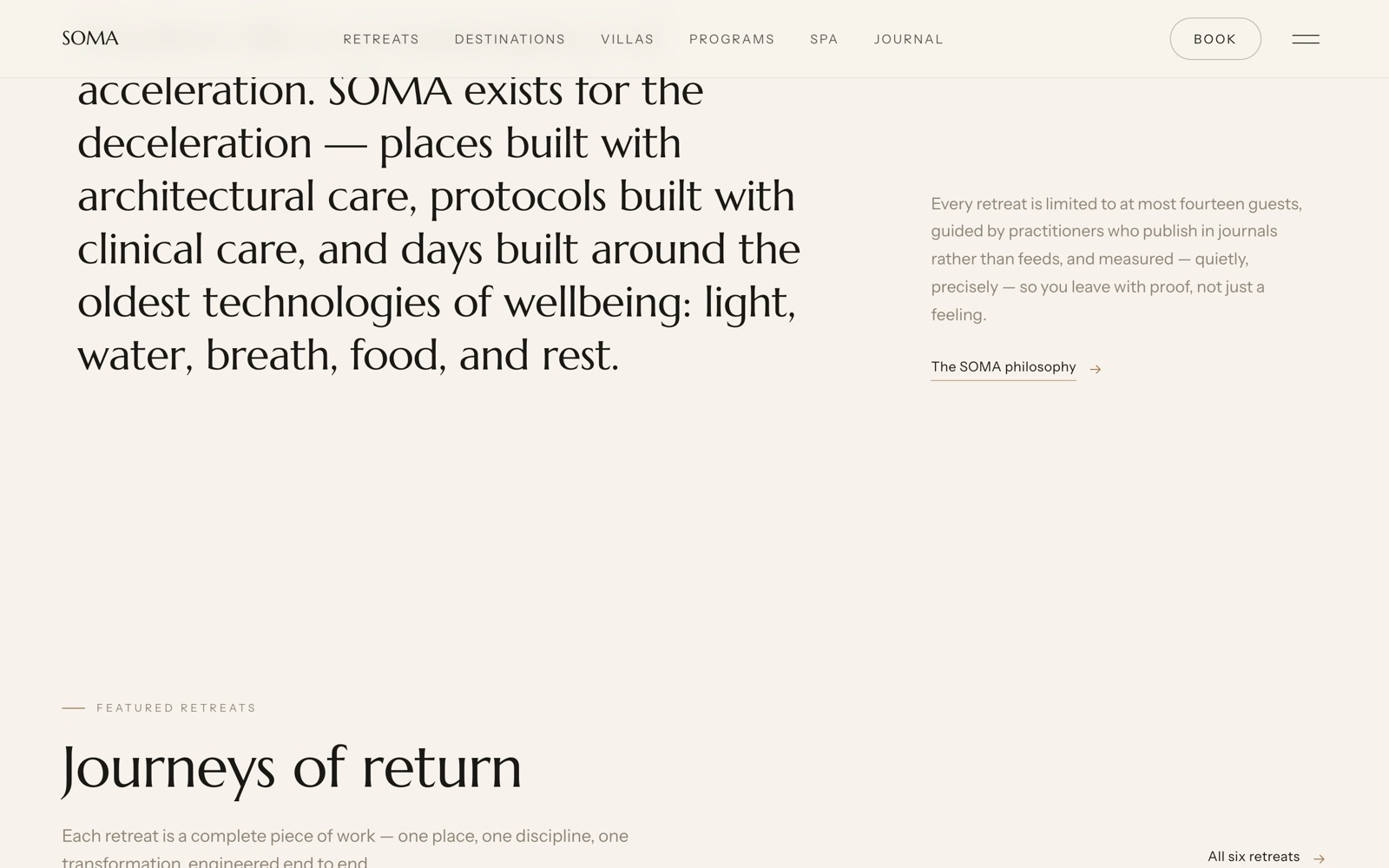 Soma Retreats — фрагмент інтерфейсу